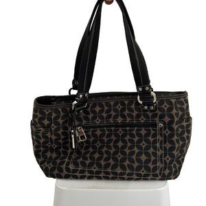 🔥FOSSIL Black Brown Logo Signature Canvas Fabric 3 Section Shoulder Handbag